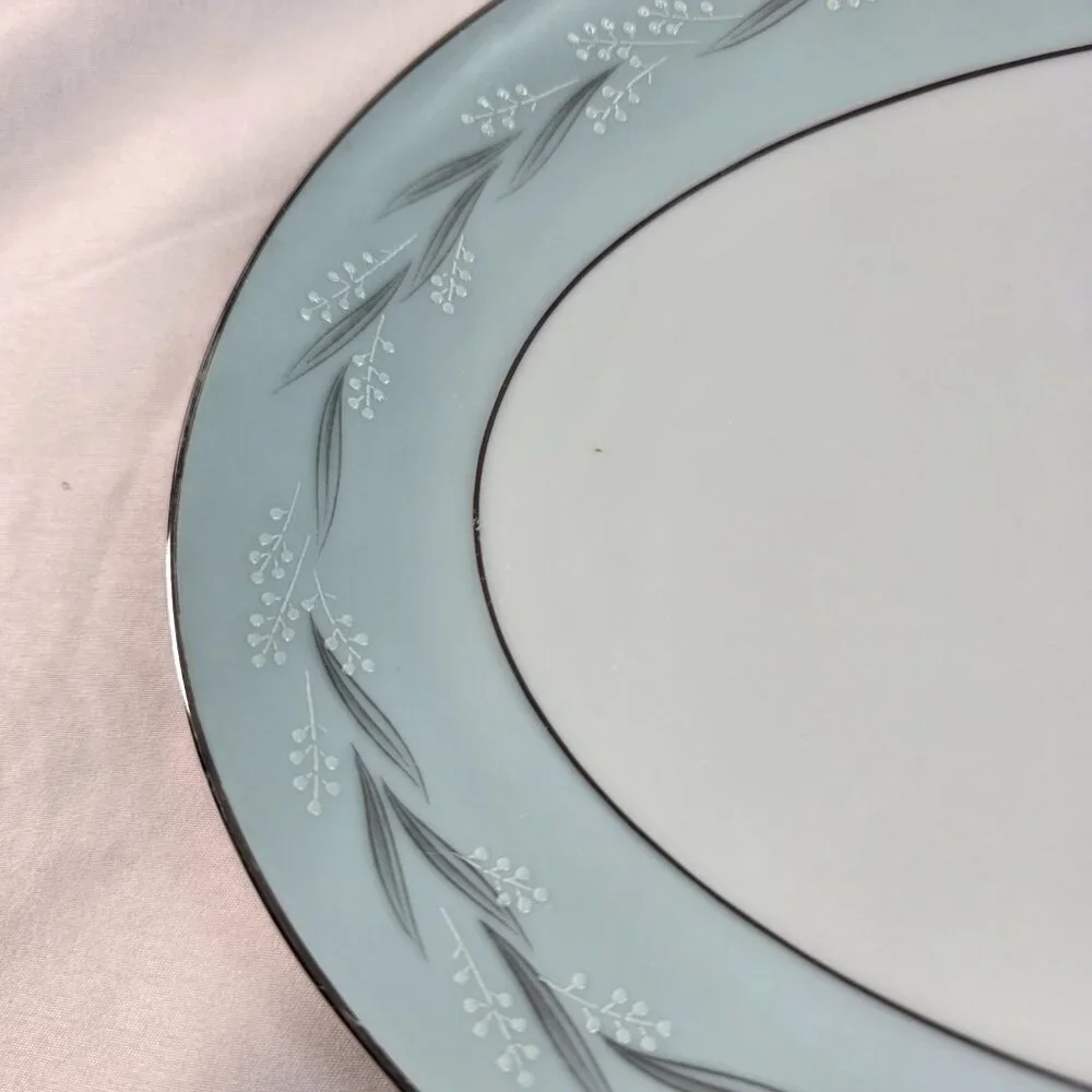 Noritake Sheldon Serving Platter 12 Inch White with Aqua Band and White Flowers